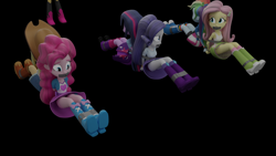 Size: 3840x2160 | Tagged: safe, artist:ennddy, applejack, fluttershy, pinkie pie, rainbow dash, rarity, sunset shimmer, twilight sparkle, human, equestria girls, g4, 3d, angry, antagonist, arm behind back, ass, back to back, belt, black background, bondage, boots, butt, clothes, cowboy boots, cowboy hat, damsel in distress, gag, hat, high heel boots, high res, jacket, kidnapped, panties, polka dot socks, rainbow socks, shirt, shoes, simple background, skirt, socks, striped socks, tape, tape bondage, tape gag, tied up, underwear, upskirt, vest, worried
