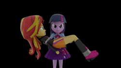 Size: 3840x2160 | Tagged: safe, artist:ennddy, sunset shimmer, twilight sparkle, human, equestria girls, g4, 3d, angry, arm behind back, black background, bondage, boots, bridal carry, carrying, clothes, duo, gag, high heel boots, high res, jacket, shirt, shoes, simple background, skirt, tape, tape bondage, tape gag, tied up