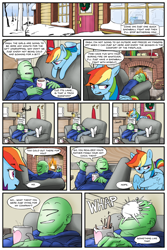 Size: 2400x3600 | Tagged: safe, artist:mobius_, artist:redruin01, rainbow dash, oc, oc:anon, human, pegasus, pony, comic:dashing through the snow, g4, chocolate, christmas, clothes, colored, comic, couch, cuddling, cute, fireplace, food, hearth's warming, hearth's warming eve, high res, holiday, hoodie, hot chocolate, human on pony petting, human on pony snuggling, petting, playing, snow, snowball, snowball fight, snuggling, tomboy