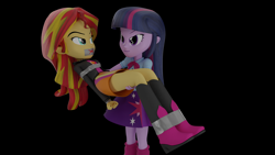 Size: 3840x2160 | Tagged: safe, artist:ennddy, sunset shimmer, twilight sparkle, human, equestria girls, g4, 3d, angry, arm behind back, black background, bondage, boots, bridal carry, carrying, clothes, duo, gag, high heel boots, high res, jacket, shirt, shoes, simple background, skirt, tape, tape bondage, tape gag, tied up