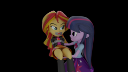 Size: 3840x2160 | Tagged: safe, artist:ennddy, sunset shimmer, twilight sparkle, human, equestria girls, g4, 3d, angry, black background, bondage, boots, bridal carry, carrying, clothes, duo, gag, high heel boots, high res, jacket, shirt, shoes, simple background, skirt, tape, tape bondage, tape gag, tied up, upskirt