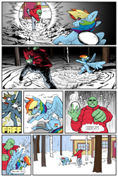 Size: 2400x3600 | Tagged: safe, artist:mobius_, artist:redruin01, rainbow dash, oc, oc:anon, human, pegasus, pony, comic:dashing through the snow, g4, chocolate, clothes, colored, comic, couch, cuddling, cute, fireplace, food, hearth's warming, hearth's warming eve, high res, holiday, hoodie, hot chocolate, human on pony petting, human on pony snuggling, jojo reference, petting, playing, snow, snowball, snowball fight, snuggling, tomboy