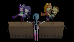 Size: 3840x2160 | Tagged: safe, artist:ennddy, adagio dazzle, applejack, aria blaze, rarity, sonata dusk, human, equestria girls, g4, 3d, angry, antagonist, arm behind back, black background, bondage, boots, box, bridal carry, cardboard box, carrying, cowboy boots, damsel in distress, gag, high heel boots, high res, kidnapped, shoes, simple background, tape, tape bondage, tape gag, the dazzlings, tied up, worried