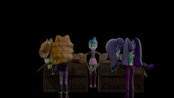 Size: 3840x2160 | Tagged: safe, artist:ennddy, adagio dazzle, applejack, aria blaze, rarity, sonata dusk, human, equestria girls, g4, 3d, angry, antagonist, ass, black background, bondage, boots, box, bridal carry, butt, cardboard box, carrying, cowboy boots, damsel in distress, high heel boots, high res, kidnapped, shoes, simple background, tape, tape bondage, the dazzlings, tied up, worried