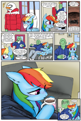Size: 2400x3600 | Tagged: safe, artist:mobius_, artist:redruin01, rainbow dash, oc, oc:anon, human, pegasus, pony, comic:dashing through the snow, g4, adorable face, blushing, chocolate, clothes, colored, comic, couch, cuddling, cute, fireplace, food, hearth's warming, hearth's warming eve, high res, holiday, hoodie, hot chocolate, human on pony petting, human on pony snuggling, petting, playing, snow, snowball, snowball fight, snuggling, tomboy