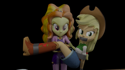 Size: 3840x2160 | Tagged: safe, artist:ennddy, adagio dazzle, applejack, human, equestria girls, g4, 3d, angry, antagonist, arm behind back, black background, bondage, boots, bridal carry, carrying, cowboy boots, damsel in distress, duo, gag, high heel boots, high res, kidnapped, shoes, simple background, tape, tape bondage, tape gag, tied up