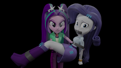 Size: 3840x2160 | Tagged: safe, artist:ennddy, aria blaze, rarity, human, equestria girls, g4, 3d, antagonist, arm behind back, black background, bondage, boots, bridal carry, carrying, damsel in distress, duo, gag, high heel boots, high res, kidnapped, shoes, simple background, tape, tape bondage, tape gag, tied up, worried