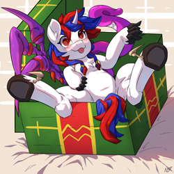 Size: 4000x4000 | Tagged: safe, artist:nanazdina, oc, oc only, oc:snowi, pony, belly, box, chubby, commission, pony in a box, round belly, solo, tongue out, ych result