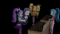 Size: 3840x2160 | Tagged: safe, artist:ennddy, adagio dazzle, applejack, aria blaze, rarity, sonata dusk, human, equestria girls, g4, 3d, angry, antagonist, arm behind back, ass, black background, bondage, boots, box, bridal carry, butt, cardboard box, carrying, cowboy boots, damsel in distress, gag, high heel boots, high res, kidnapped, shoes, simple background, tape, tape bondage, tape gag, the dazzlings, tied up, worried