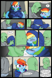 Size: 2400x3600 | Tagged: safe, artist:mobius_, artist:redruin01, rainbow dash, oc, oc:anon, human, pegasus, pony, comic:dashing through the snow, g4, adorable face, blushing, chest fluff, chocolate, clothes, colored, comic, couch, cuddling, cute, fireplace, flustered, food, hearth's warming, hearth's warming eve, high res, holiday, hoodie, hot chocolate, human on pony petting, human on pony snuggling, love, loving gaze, nuzzling, petting, playing, snuggling, tomboy, warm