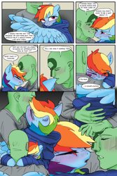 Size: 2400x3600 | Tagged: safe, artist:mobius_, artist:redruin01, rainbow dash, oc, oc:anon, human, pegasus, pony, comic:dashing through the snow, g4, adorable face, blushing, cheek kiss, clothes, colored, comic, couch, cuddling, cute, excited, flustered, hearth's warming, hearth's warming eve, high res, holiday, hoodie, hug, human on pony petting, human on pony snuggling, interspecies, kissing, love, loving gaze, nibbling, nuzzling, petting, playing, snuggling, spread wings, squirming, tomboy, warm, winghug, wings