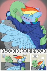 Size: 2400x3600 | Tagged: safe, artist:mobius_, artist:redruin01, rainbow dash, oc, oc:anon, human, pegasus, pony, comic:dashing through the snow, g4, adorable face, blushing, clothes, colored, comic, couch, cuddling, cute, excited, flustered, hearth's warming, hearth's warming eve, high res, holding, holiday, hoodie, hug, human on pony petting, human on pony snuggling, kiss on the lips, kissing, love, loving gaze, nuzzling, petting, snuggling, spread wings, tomboy, warm, winghug, wings