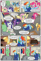 Size: 2400x3600 | Tagged: safe, artist:mobius_, artist:redruin01, applejack, fluttershy, pinkie pie, rainbow dash, rarity, twilight sparkle, oc, oc:anon, earth pony, human, pegasus, pony, unicorn, comic:dashing through the snow, g4, adorable face, blushing, chocolate, clothes, colored, comic, couch, cute, embarrassed, excited, fireplace, flirting, flustered, food, hearth's warming, hearth's warming eve, high res, holiday, hoodie, hot chocolate, love, present, scarf, tomboy, warm