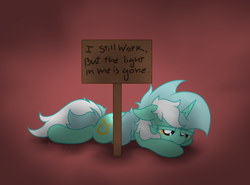 Size: 3434x2546 | Tagged: safe, artist:background basset, lyra heartstrings, pony, unicorn, g4, depressed, depression, edgy, female, frown, high res, lying down, mare, prone, sign, simple background, solo, sploot, text