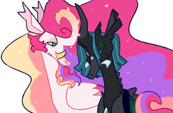 Size: 2048x1343 | Tagged: safe, artist:goatpaste, princess celestia, queen chrysalis, alicorn, changeling, changeling queen, pony, g4, alternate design, curling horn, curved horn, duo, fangs, female, horn, lesbian, ship:chryslestia, shipping, simple background, spiked horn, tusk, white background