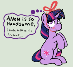 Size: 987x907 | Tagged: safe, artist:cutehorseprions, twilight sparkle, pony, unicorn, g4, blushing, bow, implied anon, pixel art, solo, thought bubble