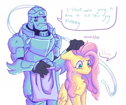 Size: 2048x1707 | Tagged: safe, artist:eeveebo0w0, fluttershy, pegasus, pony, g4, alphonse elric, anime, armor, crossover, dialogue, female, fullmetal alchemist, hand on head, i think we're gonna have to kill this guy, male, mare, meme, simple background, swearyshy, white background