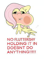 Size: 3000x4000 | Tagged: safe, artist:dumbwoofer, fluttershy, pegasus, pony, g4, blushing, drugs, ear fluff, flutterhigh, high, holding breath, joint, marijuana, meme, puffy cheeks, red face, simple background, smoke, smoking, solo, stoned, text, white background