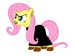 Size: 583x428 | Tagged: artist needed, safe, edit, edited screencap, screencap, fluttershy, pegasus, pony, g4, 1000 hours in ms paint, angry, black dress, black lipstick, clothes, dress, ear piercing, earring, female, jewelry, lipstick, low effort, piercing, shoes, simple background, solo, transparent background