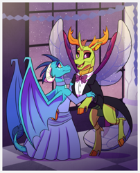 Size: 1181x1464 | Tagged: safe, artist:inuhoshi-to-darkpen, princess ember, thorax, changedling, changeling, dragon, g4, ballroom, bowtie, clothes, cloven hooves, commission, dancing, dragoness, dress, duo, duo male and female, exoskeleton, female, grand galloping gala, king thorax, male, open mouth, open smile, ship:embrax, shipping, smiling, spread wings, straight, suit, tuxedo, wings