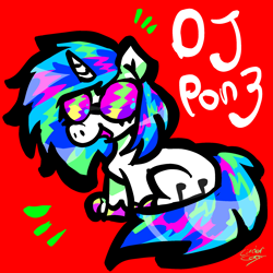 Size: 2048x2048 | Tagged: safe, artist:cinderthewolflady, dj pon-3, vinyl scratch, pony, unicorn, g4, colored hooves, female, high res, hoof polish, mare, multicolored hair, red background, signature, simple background, solo, vinyl's glasses