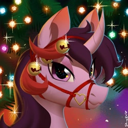 Size: 3000x3000 | Tagged: safe, artist:rrd-artist, oc, oc only, pony, unicorn, bust, christmas, christmas lights, heart shaped, high res, holiday, jingle bells, lidded eyes, looking at you, reins, smiling, smiling at you, solo