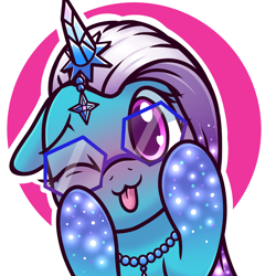 Size: 3000x3000 | Tagged: safe, artist:magician-horse, comet (g5), auroricorn, pony, g5, :3, blushing, bust, coat markings, cometbetes, floppy ears, glasses, heart, heart eyes, high res, hooves on cheeks, jewelry, male, necklace, one eye closed, simple background, smiling, socks (coat markings), solo, stallion, tongue out, wingding eyes, wink