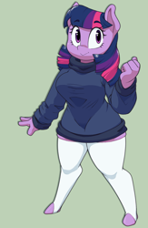 Size: 2144x3280 | Tagged: safe, artist:fourpundo, twilight sparkle, unicorn, anthro, unguligrade anthro, g4, alternate hairstyle, clothes, eyebrows, eyebrows visible through hair, eyelashes, female, high res, hips, looking at you, missing horn, multicolored hair, purple coat, purple eyes, smiling, smiling at you, socks, solo, stockings, sweater, thigh highs, thighs, thunder thighs, turtleneck, wide hips