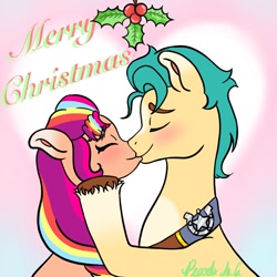 Size: 1168x1168 | Tagged: safe, artist:pearl a.g, hitch trailblazer, sunny starscout, earth pony, pony, g5, christmas, eyes closed, female, holiday, holly, holly mistaken for mistletoe, kiss on the lips, kissing, male, mane stripe sunny, mare, merry christmas, shipping, stallion, straight, sunnyhitch, unshorn fetlocks
