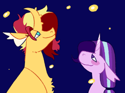Size: 2048x1523 | Tagged: safe, artist:goatpaste, starlight glimmer, sunset shimmer, pony, unicorn, g4, curved horn, duo, female, horn, lesbian, night, night sky, ship:shimmerglimmer, shipping, sky, spiked horn