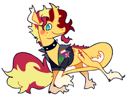 Size: 2048x1558 | Tagged: safe, artist:goatpaste, sunset shimmer, pony, unicorn, g4, choker, clothes, curved horn, female, horn, jacket, leather, leather jacket, lesbian, lesbian pride flag, pride, pride flag, simple background, solo, spiked choker, spiked horn, unshorn fetlocks, white background