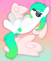 Size: 2200x2600 | Tagged: safe, artist:ponkus, oc, oc only, oc:gumdrop, earth pony, pony, cloud, gradient background, high res, solo, sunglasses, tongue out