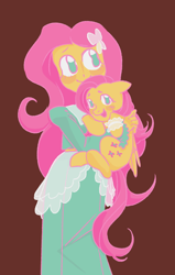 Size: 392x618 | Tagged: safe, artist:candyvoncaramel, fluttershy, human, pegasus, pony, equestria girls, g4, clothes, cute, holding a pony, human and pony, human ponidox, open mouth, open smile, self paradox, self ponidox, shyabetes, smiling, solo