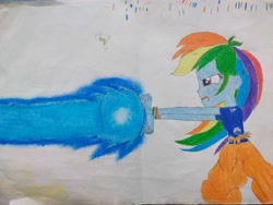 Size: 4000x3000 | Tagged: safe, artist:melodious, rainbow dash, human, equestria girls, g4, anime, bleeding, blood, clothes, dragon ball, dragon ball z, drawing, fanart, injured, kamehameha, solo, son goku, torn clothes, traditional art
