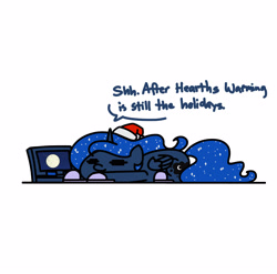 Size: 2550x2522 | Tagged: safe, artist:flutterluv, princess luna, alicorn, earth pony, g4, christmas, computer, cute, dialogue, eyes closed, female, hat, high res, holiday, laptop computer, lunabetes, lying down, mare, prone, santa hat, simple background, solo, speech bubble, white background