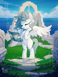 Size: 3000x4000 | Tagged: safe, alternate version, artist:raineve, oc, oc only, alicorn, pony, belly, bipedal, cel shading, colored, eyebrows, eyes closed, female, hooves on chest, mare, outdoors, round belly, ruins, shading, solo, spread wings, standing, white coat, wings