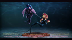 Size: 9600x5400 | Tagged: safe, artist:imafutureguitarhero, sci-twi, sunset shimmer, twilight sparkle, alicorn, mermaid, unicorn, anthro, series:twilight's sexual deviancy, g4, 3d, absurd file size, absurd resolution, alicornified, black bars, breasts, bubble, cheek fluff, chromatic aberration, clothes, colored eyebrows, colored wings, cute, dialogue, duo, ear fluff, ear freckles, female, film grain, fish tail, fluffy, fluffy hair, fluffy mane, freckles, fur, fused legs, giggling, gurgling, holding breath, holding hands, horn, implied transformation, inspired by another artist, latex, latex suit, laughing, lesbian, long hair, long mane, looking at each other, looking at someone, mare, mermaid tail, multicolored hair, multicolored mane, nose wrinkle, open mouth, paintover, peppered bacon, race swap, revamped anthros, revamped ponies, sci-twilicorn, shiny, ship:sci-twishimmer, ship:sunsetsparkle, shipping, signature, skintight clothes, smiling, smiling at each other, smiling at someone, source filmmaker, stage.bsp, subtitles, swimming, tail, telepathy, text, twilight sparkle (alicorn), two toned wings, underwater, wall of tags, water, wing fluff, wing freckles, wings
