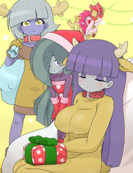 Size: 1825x2371 | Tagged: safe, alternate version, artist:batipin, limestone pie, marble pie, maud pie, pinkie pie, human, equestria girls, g4, breasts, busty maud pie, christmas, christmas presents, clothes, costume, equestria girls-ified, eyes closed, hat, holiday, pie sisters, santa costume, santa hat, siblings, sisters