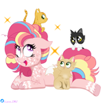 Size: 5000x5000 | Tagged: safe, artist:juniverse, oc, oc only, oc:rosie, cat, earth pony, pony, colored, commission, cute, happy, lying down, simple background, smiling, solo, sparkles, white background