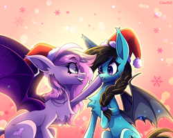 Size: 2500x2000 | Tagged: safe, artist:celes-969, oc, oc only, oc:journey moonshadow, oc:neytria nightblood, bat pony, pony, bat pony oc, boop, chest fluff, christmas, duo, female, freckles, hat, high res, holiday, santa hat