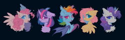 Size: 6200x2000 | Tagged: safe, artist:mirtash, fluttershy, pinkie pie, rainbow dash, rarity, twilight sparkle, bat pony, earth pony, pegasus, pony, unicorn, g4, alternate design, bat ponified, black background, blush lines, blushing, bust, cheek fluff, chest fluff, choker, closed mouth, colored wings, curved horn, dark background, ear fluff, ear piercing, ear tufts, earring, ears back, eyeshadow, facial markings, fangs, female, floppy ears, fluffy, frown, group, horn, jewelry, lidded eyes, lightning mark, makeup, mare, messy mane, open mouth, pegasus pinkie pie, piercing, quintet, race swap, sextet, short hair fluttershy, shoulder fluff, simple background, slit pupils, smiling, sparkly mane, star mark, stars, unicorn twilight, wings
