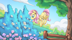 Size: 2560x1440 | Tagged: safe, artist:mysticalpha, fluttershy, pegasus, pony, g4, bush, female, fence, flower, flying, looking at something, mare, scenery, solo, tree