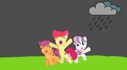 Size: 1080x595 | Tagged: safe, artist:hako33, artist:jhayarr23, edit, apple bloom, scootaloo, sweetie belle, earth pony, pegasus, pony, unicorn, g4, adorabloom, cute, cutealoo, cutie mark crusaders, diasweetes, rain