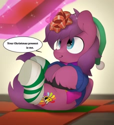 Size: 2944x3232 | Tagged: safe, artist:mochi_nation, oc, oc only, earth pony, pony, bow, christmas, clothes, commission, dialogue, hat, high res, holiday, levitation, magic, santa hat, smiling, socks, solo, speech bubble, striped socks, telekinesis, unshorn fetlocks, ych result