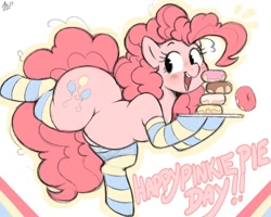 Size: 2000x1600 | Tagged: safe, artist:aer0 zer0, pinkie pie, earth pony, pony, g4, 2023, best pony, bipedal, blushing, carrying, chubby, clothes, donut, female, food, looking at you, looking back, mare, open mouth, open smile, pinkie pie day, plate, raised leg, signature, smiling, smiling at you, socks, solo, standing, standing on one leg, striped socks, tail, text