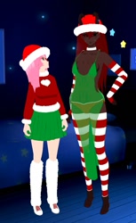 Size: 599x978 | Tagged: safe, artist:mixermike622, oc, oc only, oc:fluffle puff, oc:marksaline, human, 3d, breasts, christmas, clothes, duo, duo female, female, gloves, hand on hip, hat, holiday, horns, humanized, humanized oc, leg warmers, long gloves, panties, santa hat, see-through, siblings, sisters, skirt, socks, striped gloves, striped socks, sweater, underwear