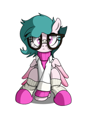 Size: 1350x1800 | Tagged: safe, artist:noomeralf, oc, oc only, oc:hazy breeze, pegasus, pony, 2024 community collab, derpibooru community collaboration, clothes, female, glasses, lab coat, mare, simple background, slippers, socks, solo, transparent background, wings