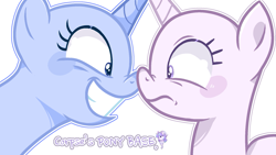 Size: 1993x1125 | Tagged: safe, artist:corpse, pony, unicorn, g4, base, blushing, boop, duo, duo female, female, free to use, frown, grin, horn, mare, noseboop, simple background, smiling, white background