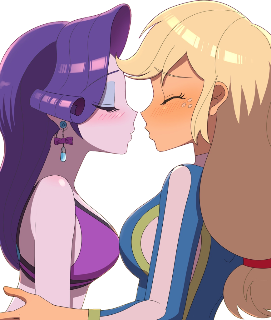 [applejack,blushing,breasts,clothes,duo,earring,edit,equestria girls,eyebrows,eyes closed,female,freckles,g4,human,imminent kissing,jewelry,lesbian,piercing,rarity,safe,shipping,simple background,swimsuit,transparent background,ear piercing,duo female,eye clipping through hair,busty applejack,busty rarity,breasts touching,eyebrows visible through hair,forgotten friendship,equestria girls series,artist:haibaratomoe,editor:itsmgh1203,ship:rarijack]