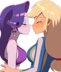 Size: 1460x1723 | Tagged: safe, artist:haibaratomoe, edit, editor:itsmgh1203, applejack, rarity, human, equestria girls, equestria girls specials, g4, my little pony equestria girls: better together, my little pony equestria girls: forgotten friendship, applejack's beach shorts swimsuit, blushing, breasts, breasts touching, busty applejack, busty rarity, clothes, duo, duo female, ear piercing, earring, eye clipping through hair, eyebrows, eyebrows visible through hair, eyes closed, female, freckles, imminent kissing, jewelry, lesbian, piercing, rarity's blue sarong, rarity's purple bikini, ship:rarijack, shipping, simple background, swimsuit, transparent background